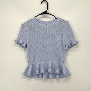 H&M Divided Light Blue Pointelle Knit Ruffle Peplum Cropped Sweater XL